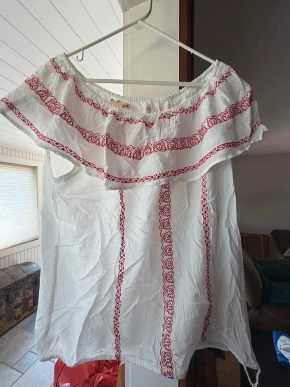 Ruff Hewn White Off-Shoulder Top with Red Embroidery